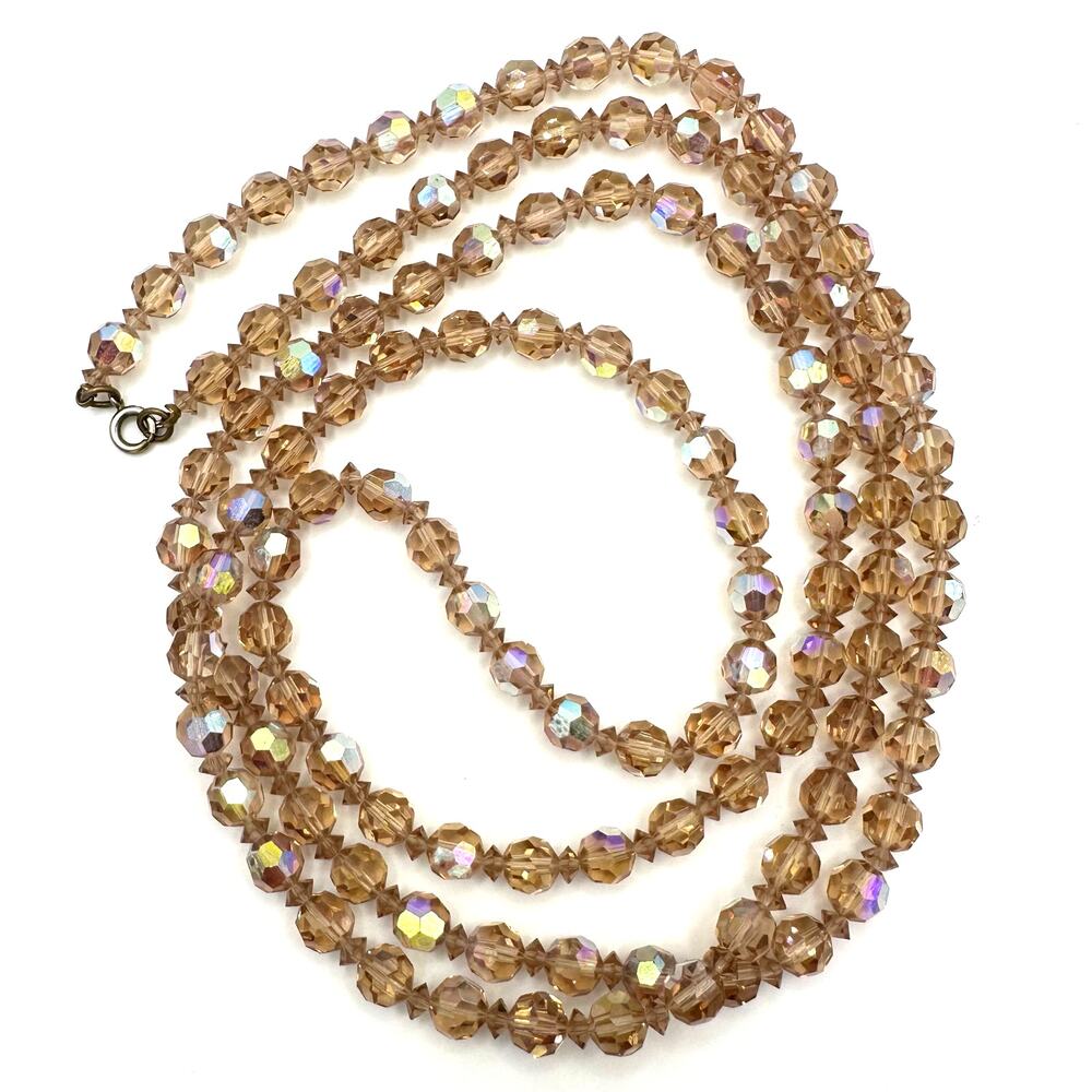 Vintage faux topaz faceted glass aurora borealis AB beads beaded 49” necklace